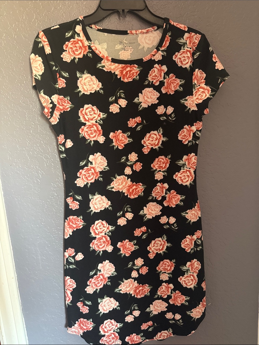 No Boundaries Black Mini Dress with Pink Rose Print